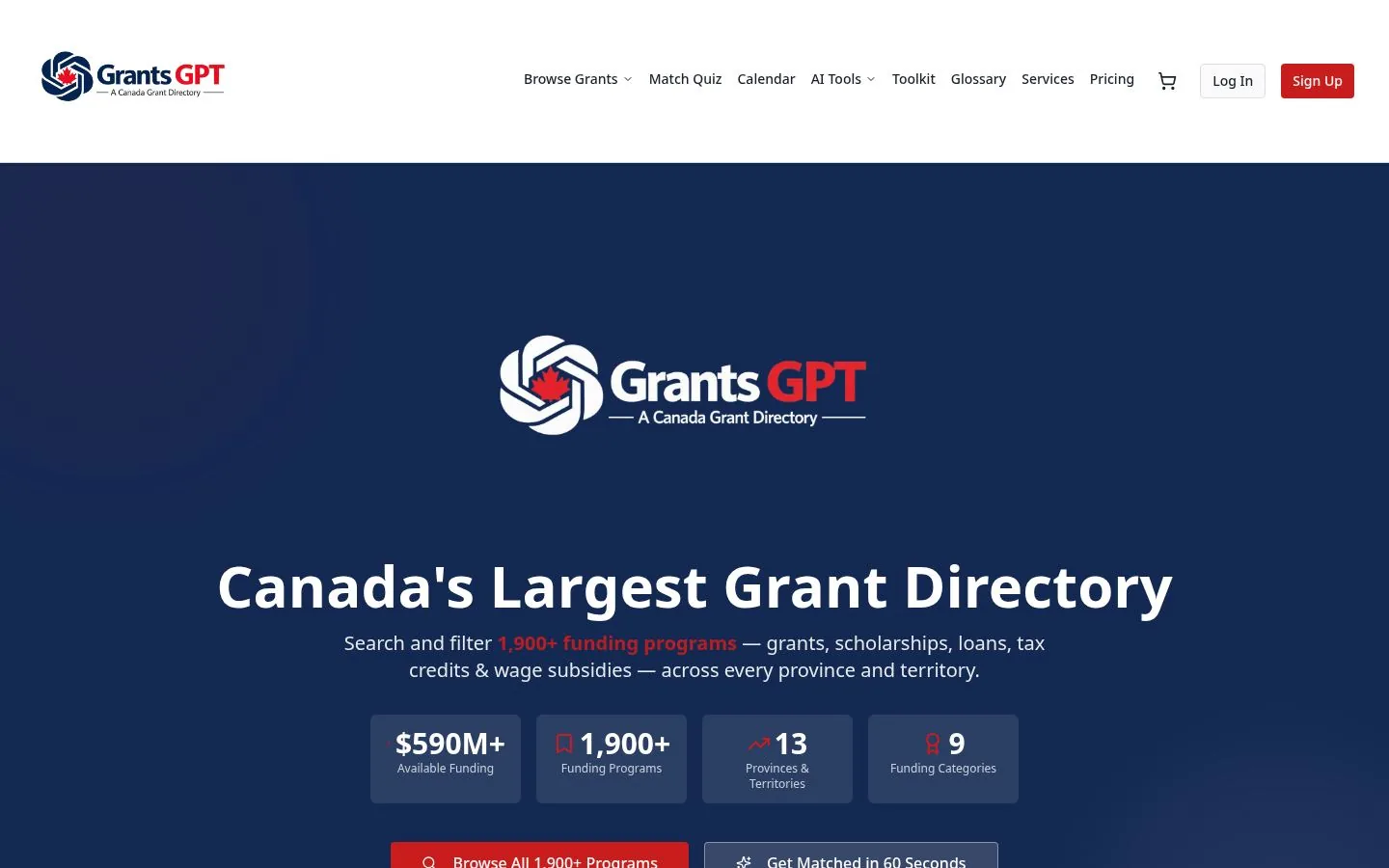 GrantsGPT. Canada's largest grant directory. Search 1,900+ funding programs with AI matching.